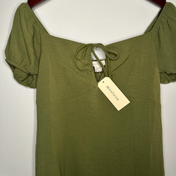 Monteau Los Angeles | Olive Green Midi Dress | Tie Front Puff Sleeve | Size M - Picture 2 of 6